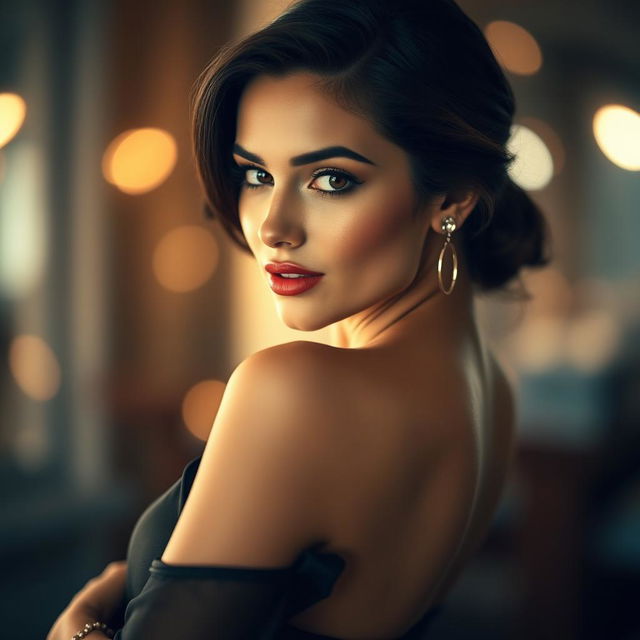 A close-up shot of a beautiful woman with a confident expression, accentuating her curves in a stylish outfit that emphasizes the elegance of her form