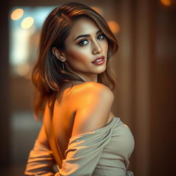 A close-up shot of a beautiful woman with a confident expression, accentuating her curves in a stylish outfit that emphasizes the elegance of her form