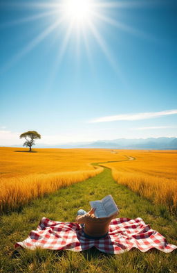 A serene landscape symbolizing financial freedom, featuring a vast open field with a clear blue sky, a solitary tree representing growth and stability, and a winding path leading towards distant mountains symbolizing prosperity