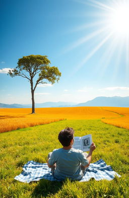 A serene landscape symbolizing financial freedom, featuring a vast open field with a clear blue sky, a solitary tree representing growth and stability, and a winding path leading towards distant mountains symbolizing prosperity