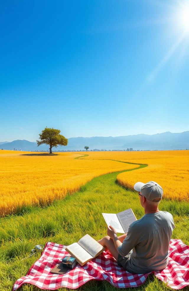 A serene landscape symbolizing financial freedom, featuring a vast open field with a clear blue sky, a solitary tree representing growth and stability, and a winding path leading towards distant mountains symbolizing prosperity