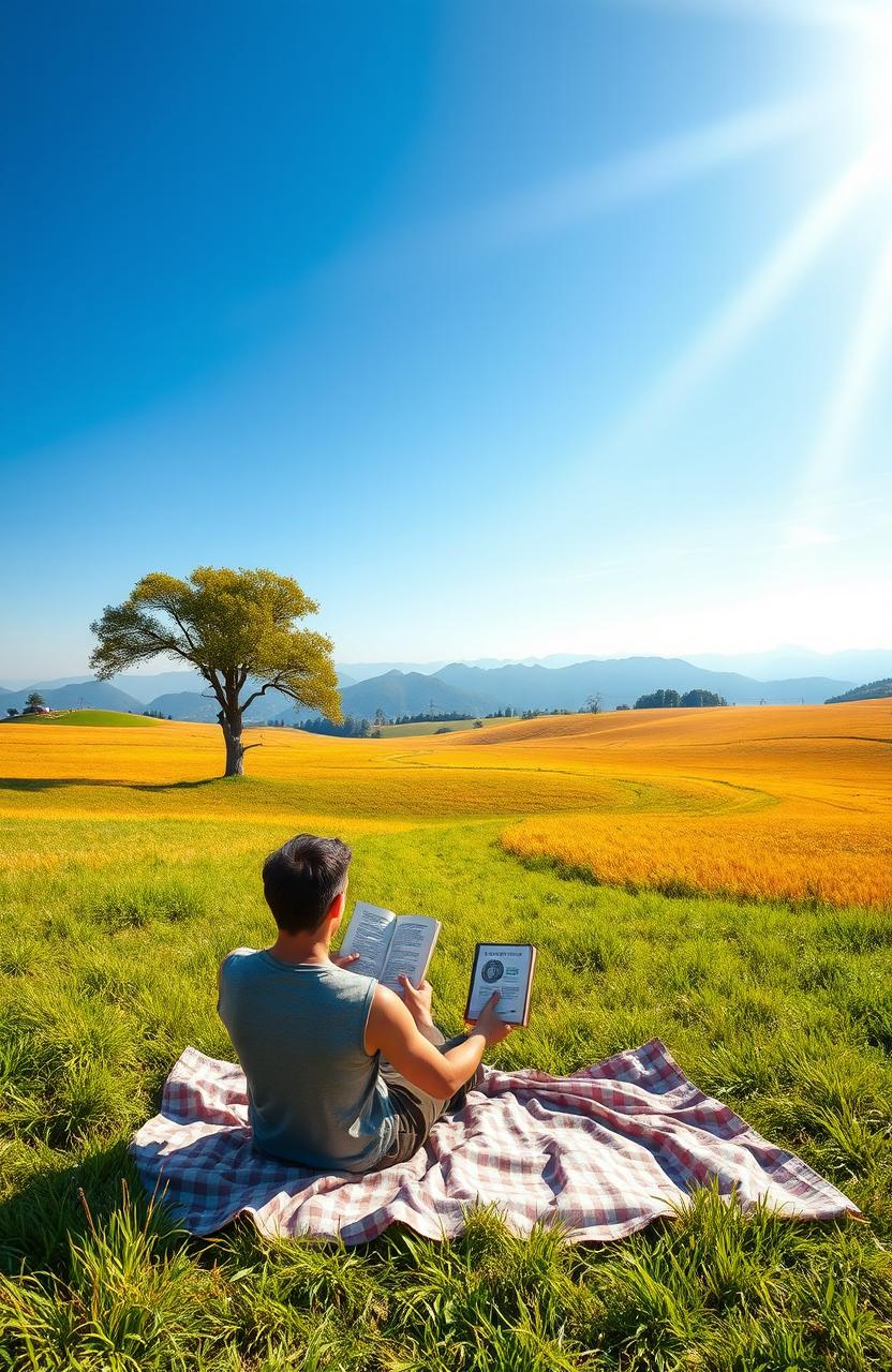 A serene landscape symbolizing financial freedom, featuring a vast open field with a clear blue sky, a solitary tree representing growth and stability, and a winding path leading towards distant mountains symbolizing prosperity