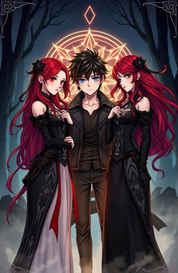 A striking illustration of two girls and a boy forming a pact, depicted in a fantasy setting