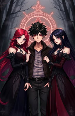 A striking illustration of two girls and a boy forming a pact, depicted in a fantasy setting