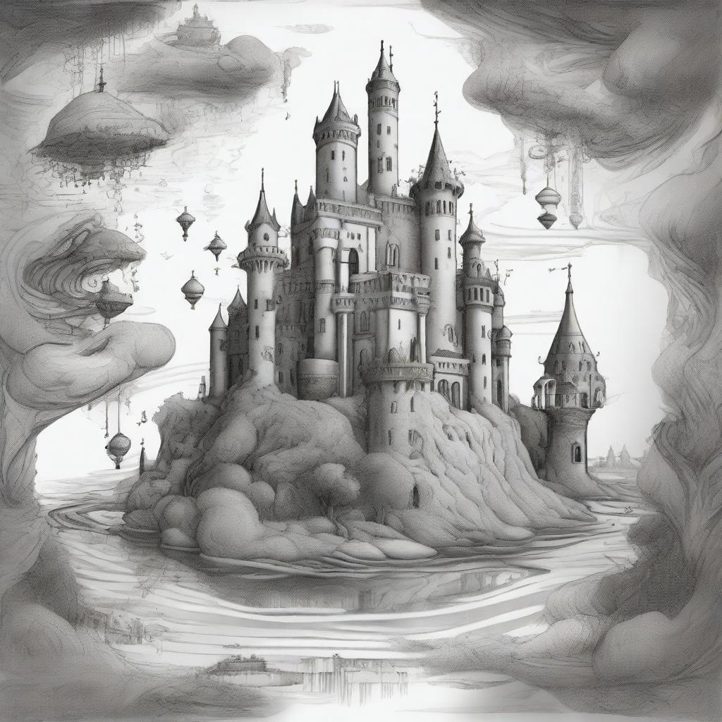 Generate a pen drawing image of a surreal dreamworld, where reality and dreams intermingle, embodied in floating castles, enigmatic pathways, twisted landscapes, strange creatures and notable distortions of time and space