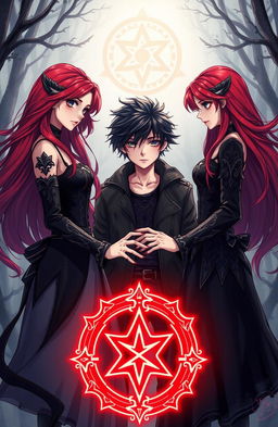 A striking illustration of two girls and a boy forming a pact, depicted in a fantasy setting