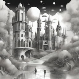 Generate a pen drawing image of a surreal dreamworld, where reality and dreams intermingle, embodied in floating castles, enigmatic pathways, twisted landscapes, strange creatures and notable distortions of time and space