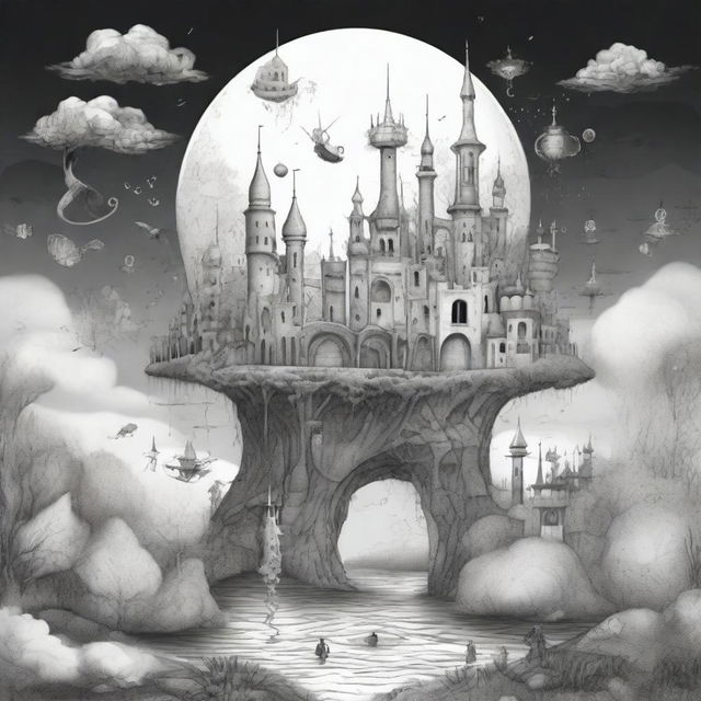 Generate a pen drawing image of a surreal dreamworld, where reality and dreams intermingle, embodied in floating castles, enigmatic pathways, twisted landscapes, strange creatures and notable distortions of time and space