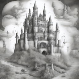 Generate a pen drawing image of a surreal dreamworld, where reality and dreams intermingle, embodied in floating castles, enigmatic pathways, twisted landscapes, strange creatures and notable distortions of time and space