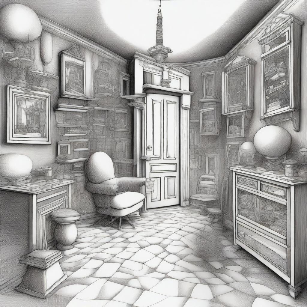 Generate a pen drawing image depicting a surreal 'Dreamroom', full of floating furniture, bizarre entities, distorted dimensions, and impossible architecture all contained within a seemingly ordinary room