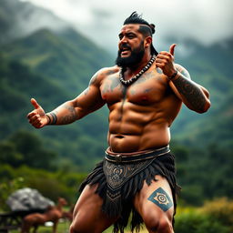 A striking and dynamic image of a muscular Maori man performing a haka, showcasing his powerful physique and traditional tattoos