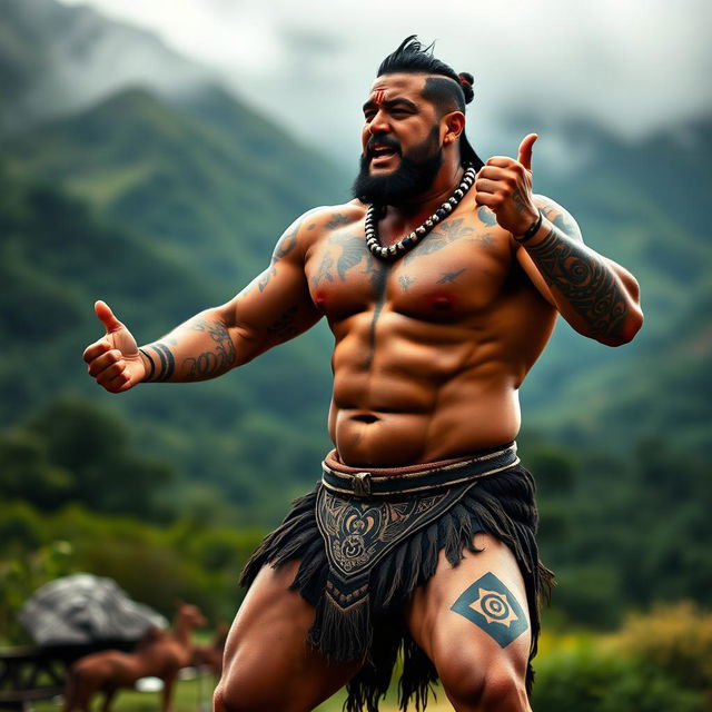 A striking and dynamic image of a muscular Maori man performing a haka, showcasing his powerful physique and traditional tattoos