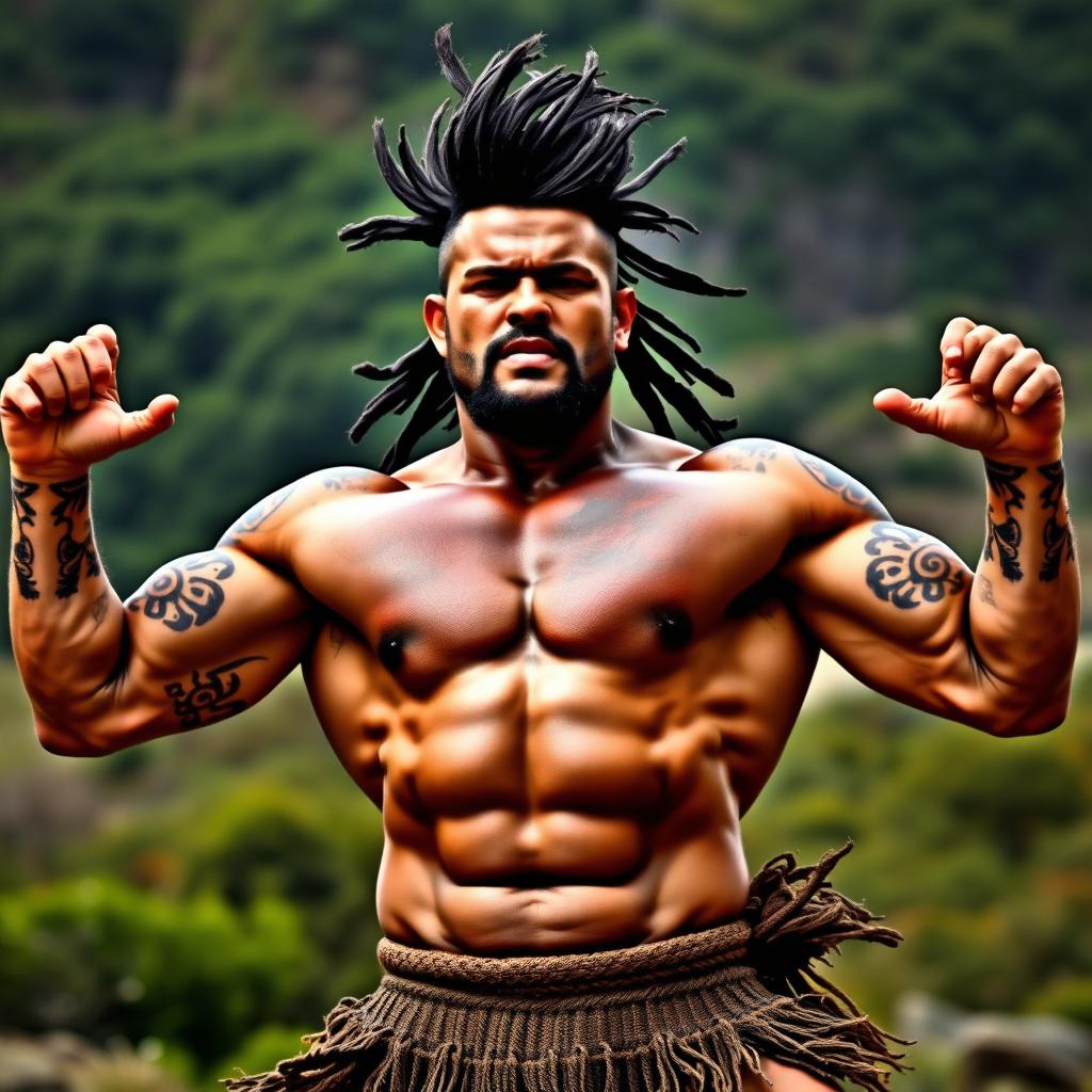 A striking and dynamic image of a muscular Maori man performing a haka, showcasing his powerful physique and traditional tattoos