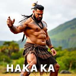 A striking and dynamic image of a muscular Maori man performing a haka, showcasing his powerful physique and traditional tattoos