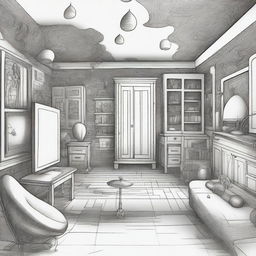 Generate a pen drawing image depicting a surreal 'Dreamroom', full of floating furniture, bizarre entities, distorted dimensions, and impossible architecture all contained within a seemingly ordinary room