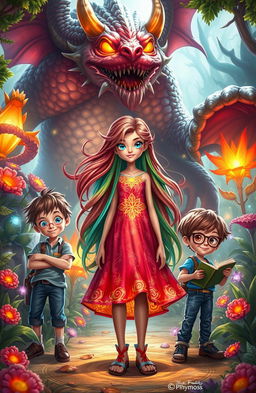 A vibrant fantasy scene featuring a colorful girl with long flowing hair, wearing a magical dress adorned with glowing patterns