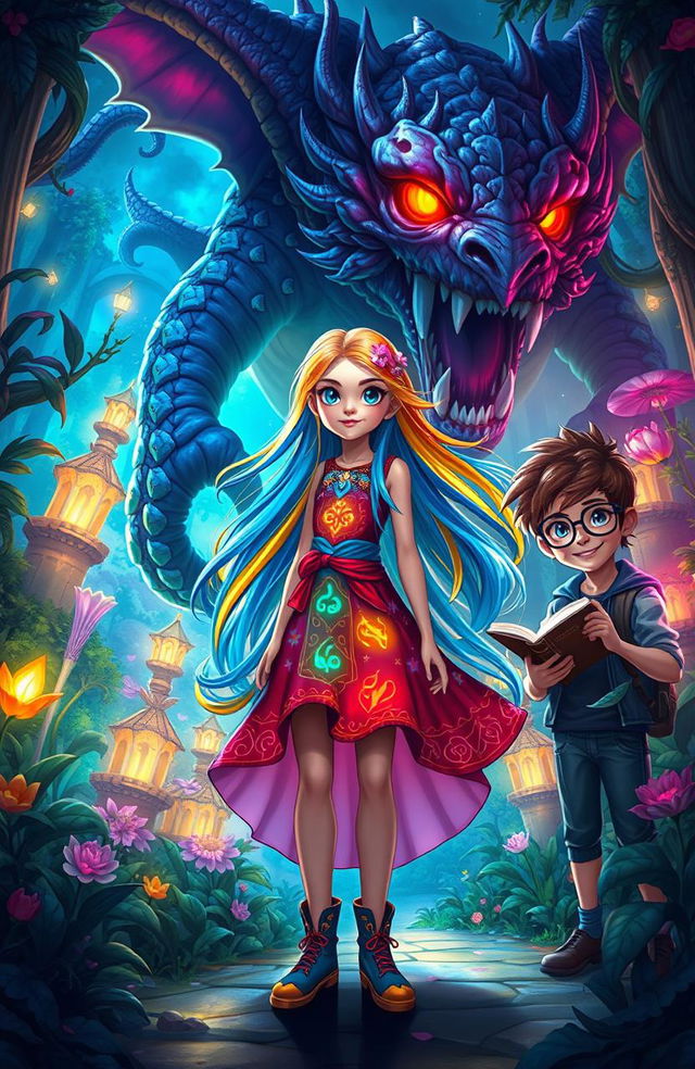 A vibrant fantasy scene featuring a colorful girl with long flowing hair, wearing a magical dress adorned with glowing patterns