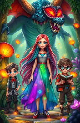 A vibrant fantasy scene featuring a colorful girl with long flowing hair, wearing a magical dress adorned with glowing patterns