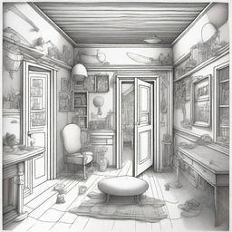 Generate a pen drawing image depicting a surreal 'Dreamroom', full of floating furniture, bizarre entities, distorted dimensions, and impossible architecture all contained within a seemingly ordinary room