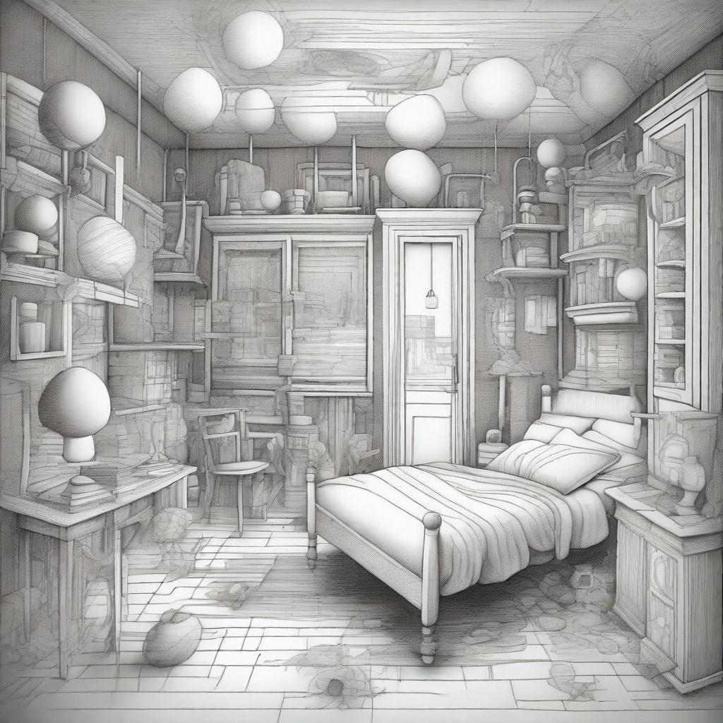 Generate a pen drawing image depicting a surreal 'Dreamroom', full of floating furniture, bizarre entities, distorted dimensions, and impossible architecture all contained within a seemingly ordinary room