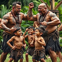 A powerful and heartwarming scene of muscular Maori men performing a haka together with their young sons