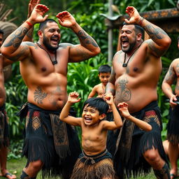 A powerful and heartwarming scene of muscular Maori men performing a haka together with their young sons