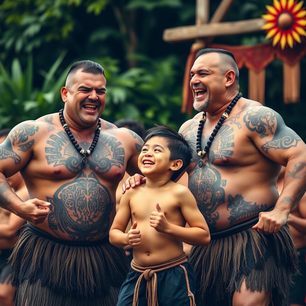 A powerful and heartwarming scene of muscular Maori men performing a haka together with their young sons