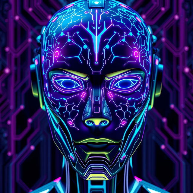 A highly detailed futuristic robot face adorned with intricate neural network patterns that glow vividly in neon blue and purple