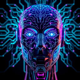 A highly detailed futuristic robot face adorned with intricate neural network patterns that glow vividly in neon blue and purple