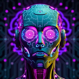 A highly detailed futuristic robot face adorned with intricate neural network patterns that glow vividly in neon blue and purple