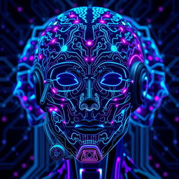 A highly detailed futuristic robot face adorned with intricate neural network patterns that glow vividly in neon blue and purple