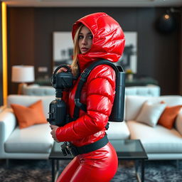 A hot slim girl with big boobs, exuding confidence, is wearing a shiny red puffy cold water immersion suit that beautifully accentuates her figure