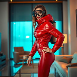 A hot slim girl with big boobs, exuding confidence, is wearing a shiny red puffy cold water immersion suit that beautifully accentuates her figure