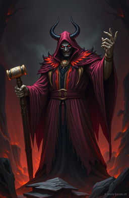 A powerful and ominous figure representing a judge from a hellish realm, with a deep crimson robe adorned with dark flames