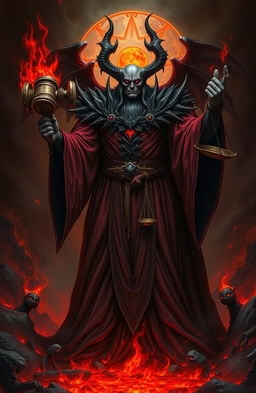 A powerful and ominous figure representing a judge from a hellish realm, with a deep crimson robe adorned with dark flames