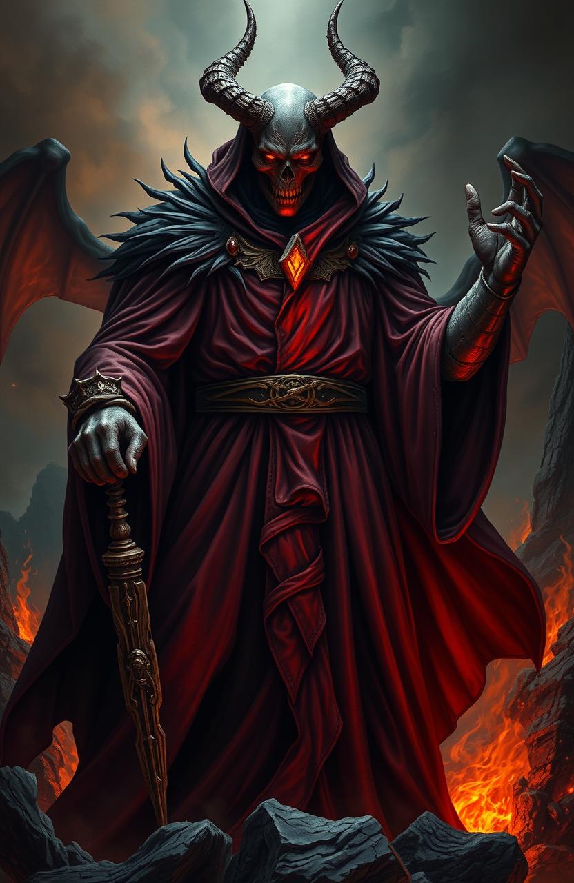 A powerful and ominous figure representing a judge from a hellish realm, with a deep crimson robe adorned with dark flames