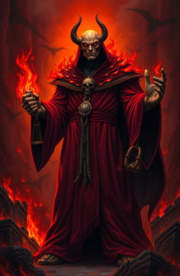 A powerful and ominous figure representing a judge from a hellish realm, with a deep crimson robe adorned with dark flames
