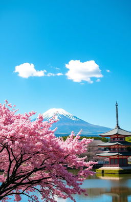 A beautiful panoramic view of Japan, showcasing iconic landmarks like Mount Fuji under a bright blue sky