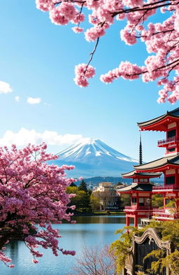 A beautiful panoramic view of Japan, showcasing iconic landmarks like Mount Fuji under a bright blue sky