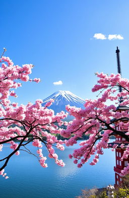 A beautiful panoramic view of Japan, showcasing iconic landmarks like Mount Fuji under a bright blue sky