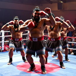A powerful and intense scene of Maori warriors performing a haka in a boxing ring setting