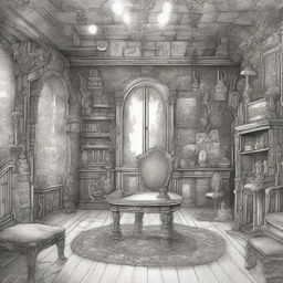 Create a pen drawing image of a 'Dreamroom' in fantasy style, abounding with enchanted furniture, mythical creatures, magic-infused elements, and improbable architecture that's beyond the realm of reality, all captured within the confines of a seemingly normal room