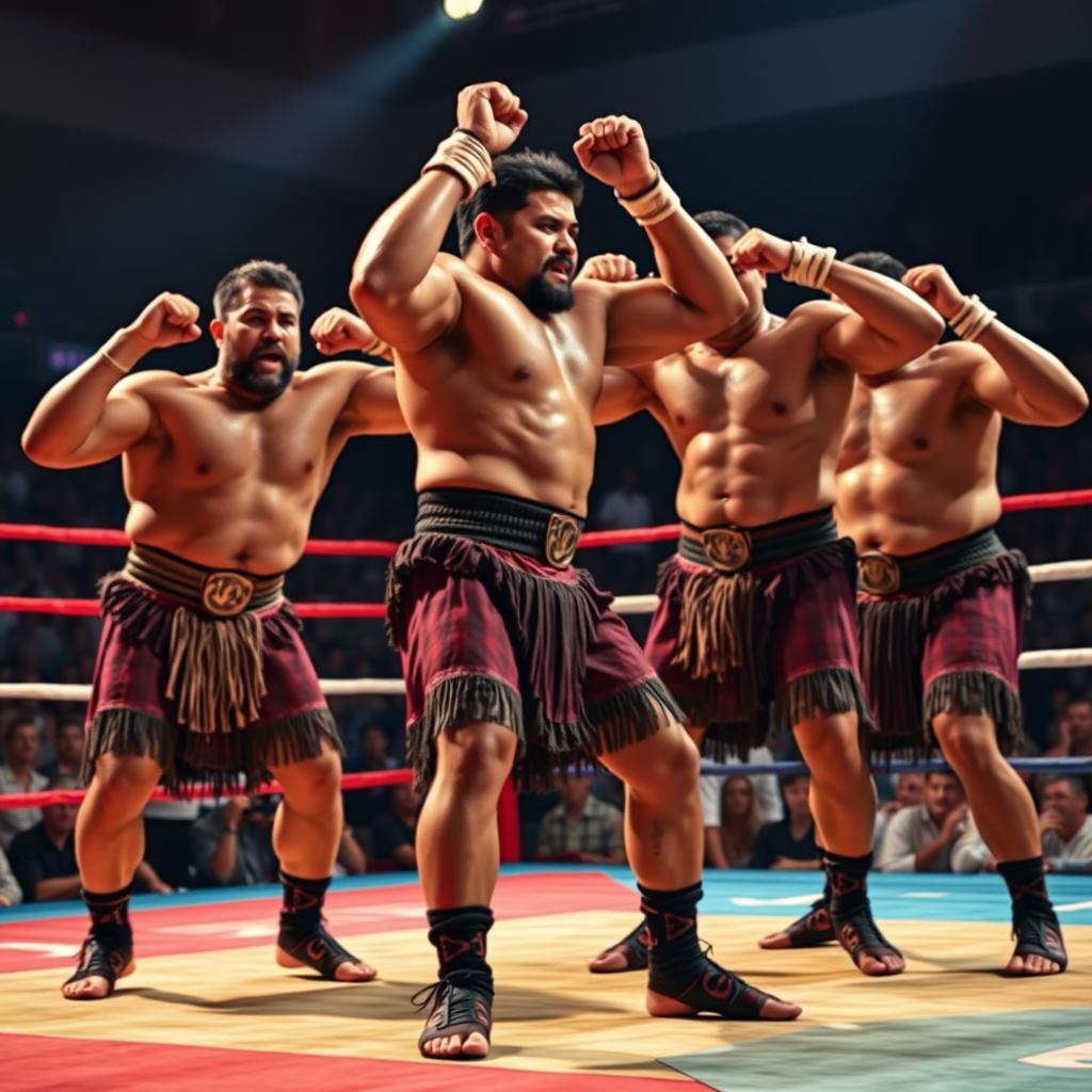 A powerful and intense scene of Maori warriors performing a haka in a boxing ring setting