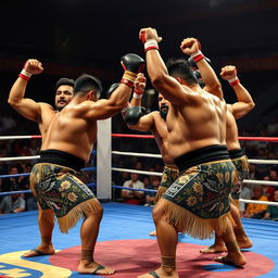 A powerful and intense scene of Maori warriors performing a haka in a boxing ring setting