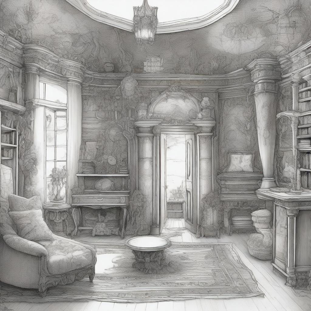 Create a pen drawing image of a 'Dreamroom' in fantasy style, abounding with enchanted furniture, mythical creatures, magic-infused elements, and improbable architecture that's beyond the realm of reality, all captured within the confines of a seemingly normal room