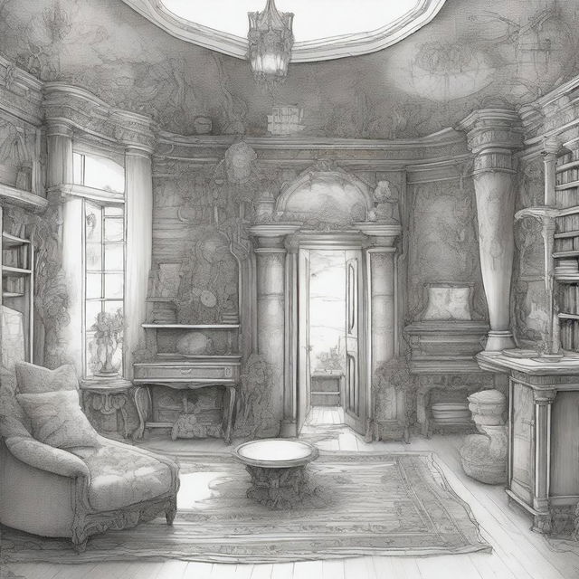 Create a pen drawing image of a 'Dreamroom' in fantasy style, abounding with enchanted furniture, mythical creatures, magic-infused elements, and improbable architecture that's beyond the realm of reality, all captured within the confines of a seemingly normal room