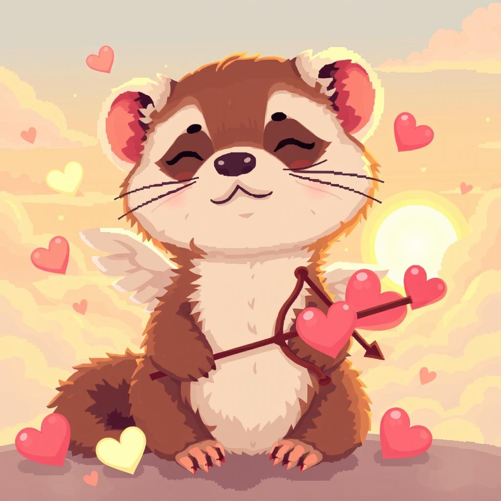 A cozy pixel art depiction of a ferret as a cupid, featuring warm lighting that enhances the sweetness of the scene