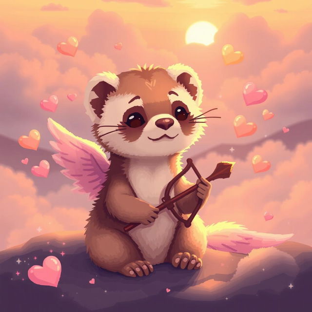 A cozy pixel art depiction of a ferret as a cupid, featuring warm lighting that enhances the sweetness of the scene