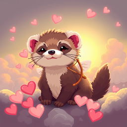 A cozy pixel art depiction of a ferret as a cupid, featuring warm lighting that enhances the sweetness of the scene