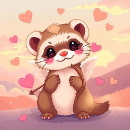 A cozy pixel art depiction of a ferret as a cupid, featuring warm lighting that enhances the sweetness of the scene